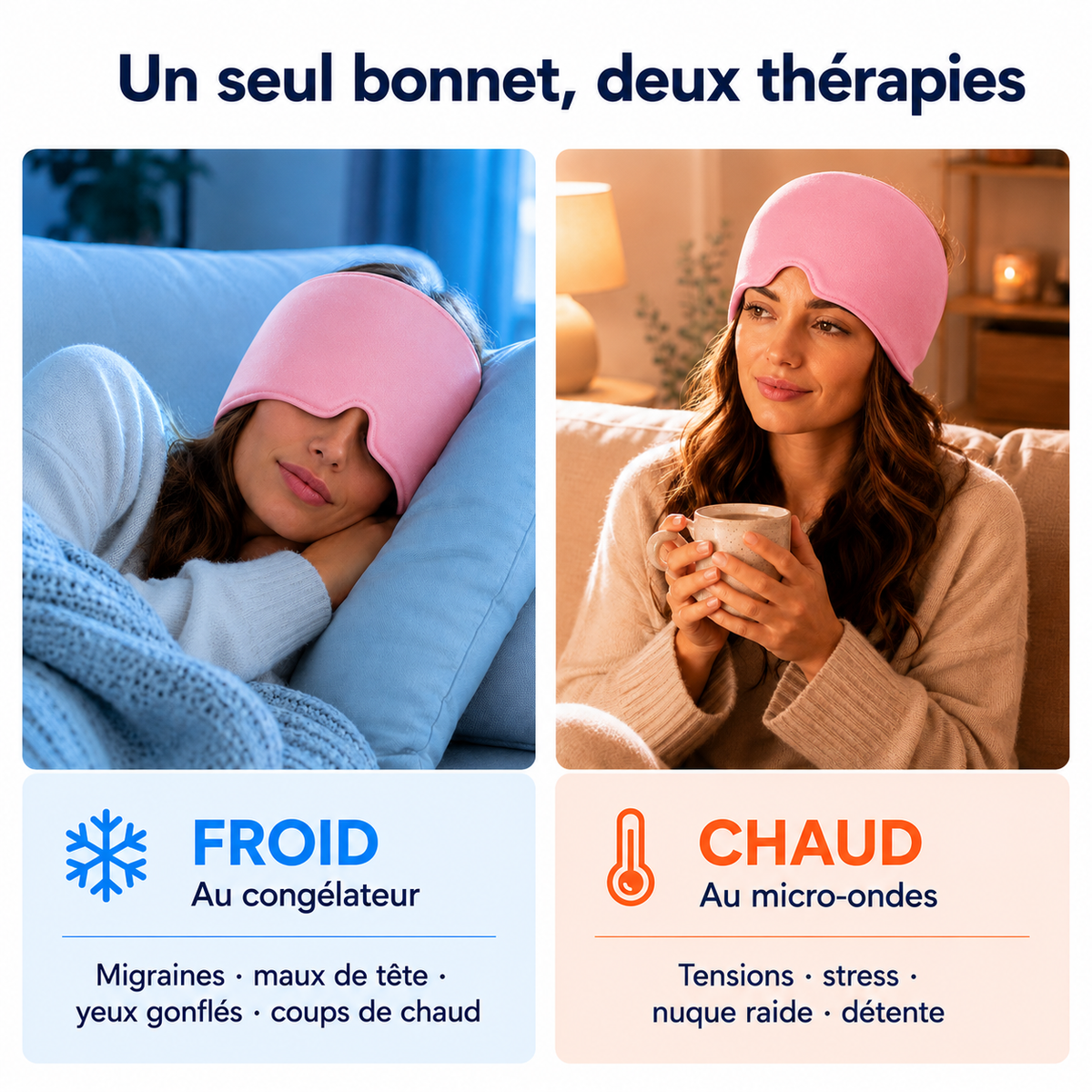 Bonnet Anti-Migraine Gel - Froid & Chaud, Masque Yeux 2-en-1